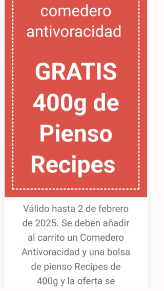 Regalo de 400g de pienso recipe por la compra de un comedero antivoracidad