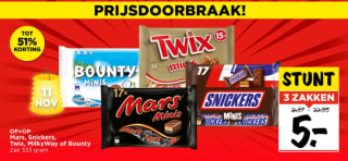 3 zakken van 333g Mars, Snickers, Twix, MilkyWay of Bounty mini's voor €5 bij Vomar
