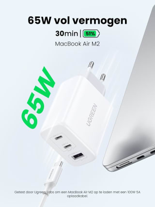 UGREEN 65W USB-C PD 3-poorts oplader voor €20,29 bij Amazon