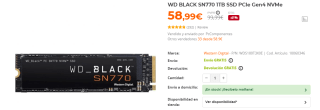 Disco Duro WD BLACK SN770 1TB SSD PCIe Gen4 NVMe por 58.99€
