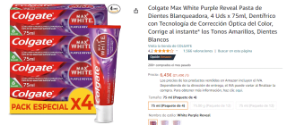 4 pastas de dientes Colgate Max White Purple Reveal por 6,16€