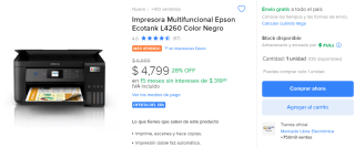Impresora Multifuncional Epson Ecotank L4260 por $4,319 en Mercado Libre