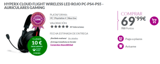 Auriculares Gaming HyperX Cloud Flight Wireless LED Rojo por 69.99€
