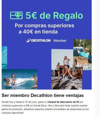 5€ de regalo por commpras de +40€ en tiendas Decathlon
