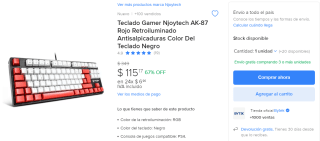 Teclado Gamer Njoytech AK-87 Rojo por $115 en Mercado Libre