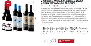 2 botellas de Cune Mencía 2022. Virgen del Galir. D.O. Valdeorras. + 2 botellas de Cyan Crianza 2020. B. Cyan. D.O. Toro. + 2 botellas de Casa de la Ermita Crianza 2021. Casa de la Ermita. D.O. Jumilla por 34.6€