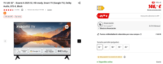 TV LED 32" Xiaomi A 2025 32, HD-ready, Smart TV por 124,10€