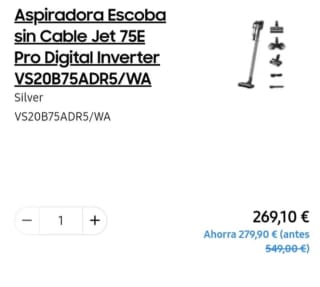Aspiradora Samsung escoba sin cable Jet 75E Pro Digital Inverter por 269,10€