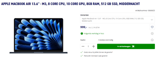 Apple MacBook Air 2024 13" (MRXW3N/A) laptop voor €999 bij Azerty