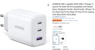 UGREEN 65W USB-C PD 3-poorts oplader voor €20,29 bij Amazon