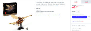 Jeu de construction Lego Icons (10363) - La Machine Volante de Léonard de Vinci à 45,99€