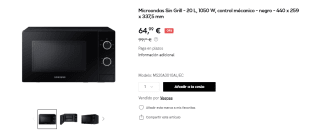 Samsung Microondas Sin Grill 20 L, 1050 W, control mecánico por 64,99€