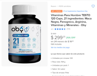 Vitaminas TESTO 120 Caps por $299 | Descuento Mercado Libre