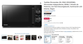 Toshiba Microondas 20L MW2-MM20P(BK), 800W, 5 Niveles de Potencia por 67,99€