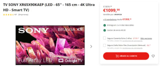 Smart TV SONY XR65X90KAEP LED 65" 4K Ultra HD por 1099€