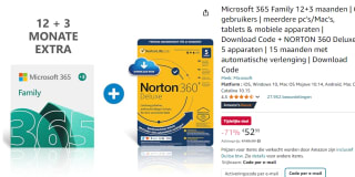 Microsoft 365 Family 15 maanden voor 6 gebruikers + NORTON 360 Deluxe voor €52,99 bij Amazon
