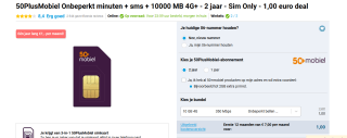50PlusMobiel Onbeperkt minuten + sms + 10000 MB 4G+ - 2 jaar - Sim Only voor €1