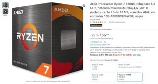 AMD Procesador Ryzen 7 5700X, reloj base 3,4 GHz, potencia máxima 4,6 GHz, 8 núcleos por 156,90€