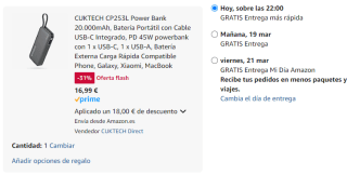 Power Bank CUKTECH CP253L 20.000mAh con Carga Rápida 45W