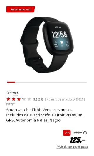 Fitbit Versa 3 Health & Fitness Smartwatch por 125€.