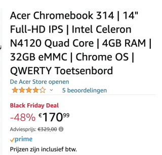 Acer Chromebook 314 voor 170,99 euro