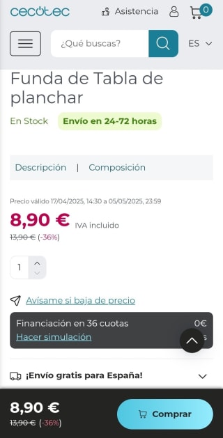 Cecotec Funda de tabla de planchar por 8,90€.