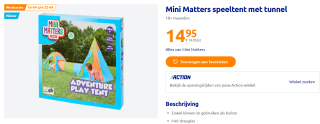 Mini Matters polyester speeltent met tunnel voor €14,95 bij de Action
