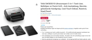 Tefal UltraCompact 3in1 SW383D - Wafel-, Tosti-ijzer & Contactgrill - 700W voor €39,99 bij Amazon
