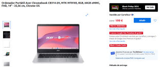 Portátil Acer Chromebook CB314-2H, MTK MT8183, 8GB, 64GB eMMC, FHD, 14" - 35,56 cm, Chrome OS por 199€