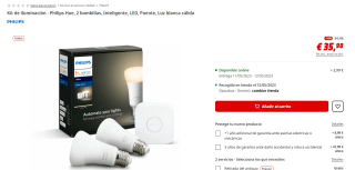 Kit de iluminación - Philips Hue, 2 bombillas, Inteligente, LED, Puente, Luz blanca cálida por 35.98€