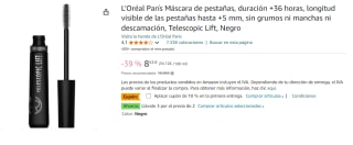 3 L'Oréal París Máscara de pestañas, duración +36 horas, longitud visible de las pestañas hasta +5 mm, sin grumos ni manchas ni descamación, Telescopic Lift, Negro por 15.71€