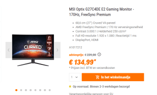 MSI Optix G27C4DE E2 computer monitor 68,6 cm (27") voor €134,99 bij Nbb