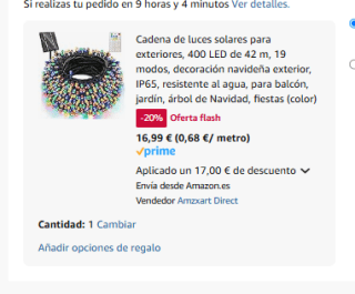Cadena de luces solares para exteriores, 400 LED de 42 m por 16,99€ y 66 metros por 23,97€