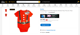 Body Manga Corta 100% Algodón Navidad Viejo Pascuero Rojo por $4.790