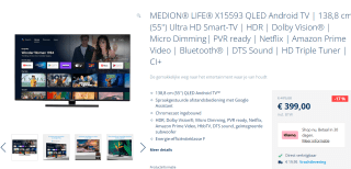 MEDION® LIFE® X15593 QLED Android TV | 138,8 cm (55'') Ultra HD Smart-TV voor €399 bij Medion