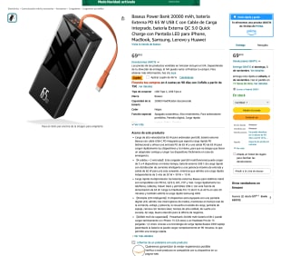 Batería Baseus Power Bank 20000 mAh Externa PD 65 W USB C +Cable de Carga Integrado QC 3.0 Quick Charge por solo 37€