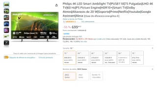 TV 75" Philips 75PUS8118 LED UltraHD 4K HDR10+ por 699€