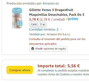 Pack 9 unidades Gillette Venus 3 Dragonfruit por 5,56€
