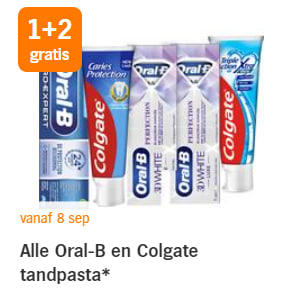 Alle Oral-B en Colgate tandpasta 1+ 2 gratis bij de AH