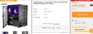 COOLPC Gamer I Ryzen 5 3600, GeForce GTX 1650 4Gb,16GB DDR4 3200Mhz, SSD 480Gb por 499.95€
