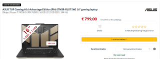 ASUS TUF Gaming A16 FA617NSR-RL071W - Advantage Edition voor €799 bij Alternate in België