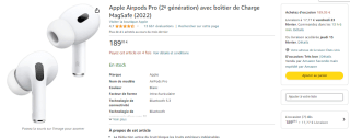 Ecouteurs sans fil Apple Airpods Pro (2ᵉ génération) avec boîtier de Charge MagSafe (2022) à 189,05€