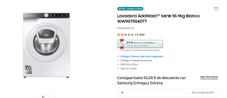 Samsung Lavadora AddWash Serie 55 9kg WW90T554DTT por 341,10€