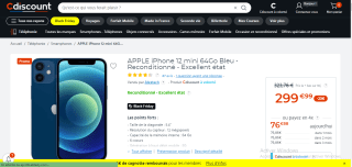 Smartphone Apple iPhone 12 mini 64Go Bleu à 299,99€