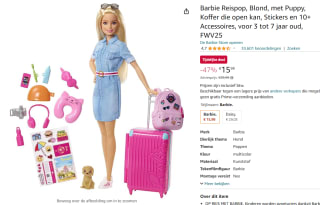 Barbie pop en Travel Set met Puppy, Bagage & 10+ Accessoires voor €15,99 bij Amazon NL