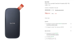 Disco duro portátil SanDisk SSD 1TB USB-C 3.2 por 79,99€