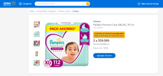 Pack de 2 Pañales Pampers Premium Care por $59.390