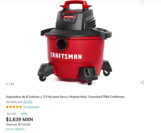 Aspiradora 6 Galones y 3.5 Hp Craftsman por $1,639 en Claro Shop