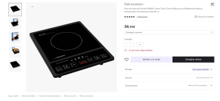Placa de Inducción Portátil 2000W, Control Táctil pzara paellas de hasta 20cm. por 27,71€