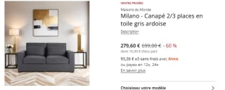 Canapé Milano 2/3 places en toile à 279,60€